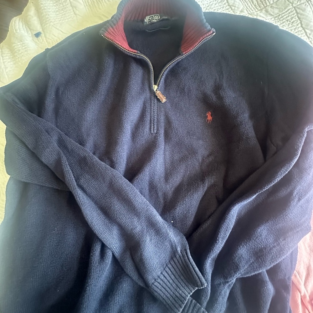Polo by Ralph Lauren Navy Quarter-Zip Sweater with Red Accents